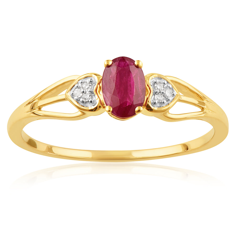 Stunning 9ct Yellow Gold Oval-shaped 6x4mm Natural Ruby and Diamond Engagement Ring