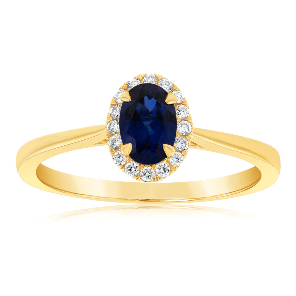 Exquisite 9ct Yellow Gold Ring with Created Oval Sapphire and Diamond Halo