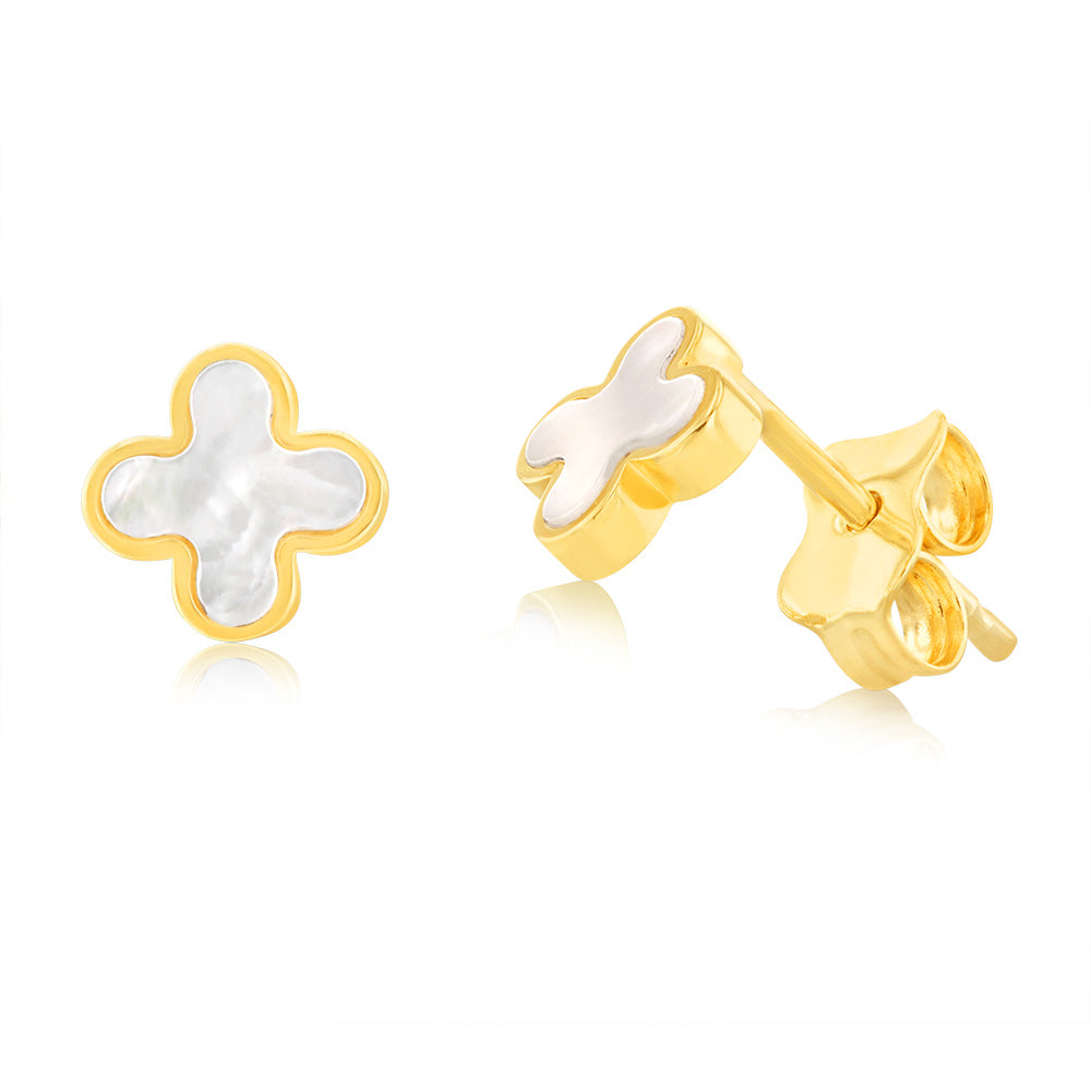 Stunning 9ct Yellow Gold Mother-of-Pearl Petal Design Stud Earrings