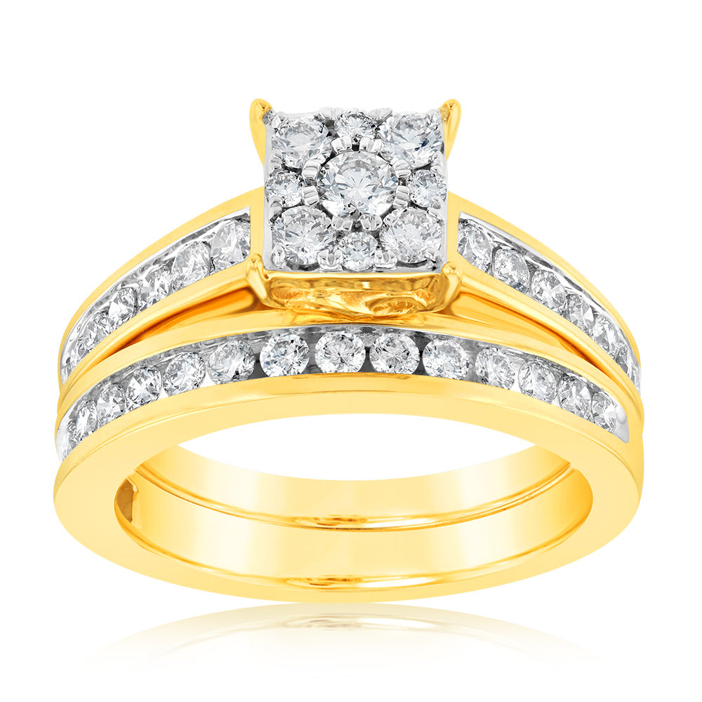 Elegant 9ct Yellow Gold 1-Carat Diamond Halo Bridal Ring Set