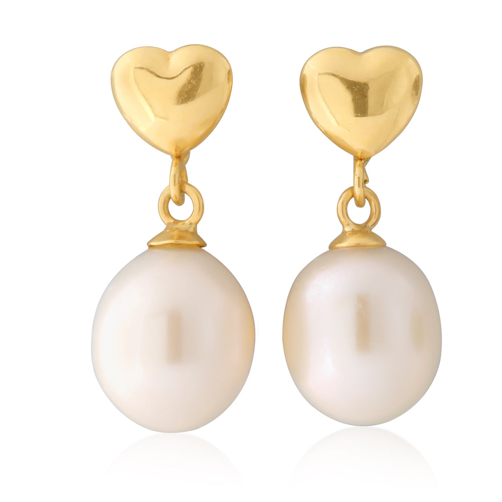 Stunning 9-carat Yellow Gold Freshwater Pearl 7 - 7.5mm and Gold Heart Drop Fashion Earrings