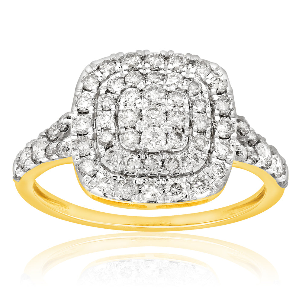 9ct Yellow Gold 1-Carat Cushion-Shaped Diamond Cluster Ring for Timeless Love