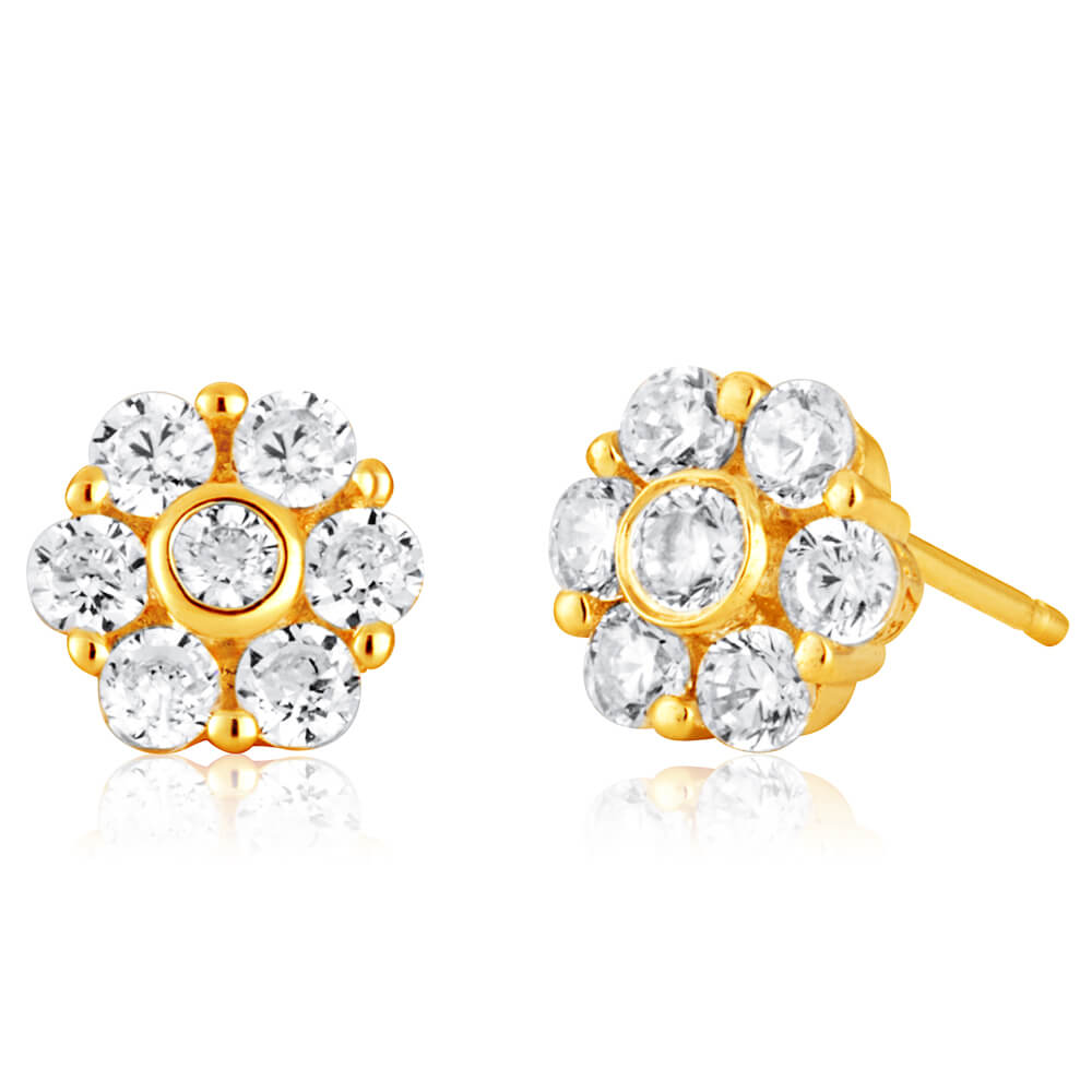 9 Carat Yellow Gold Floral Stud Earrings Embellished with Cubic Zirconia Gemstones
