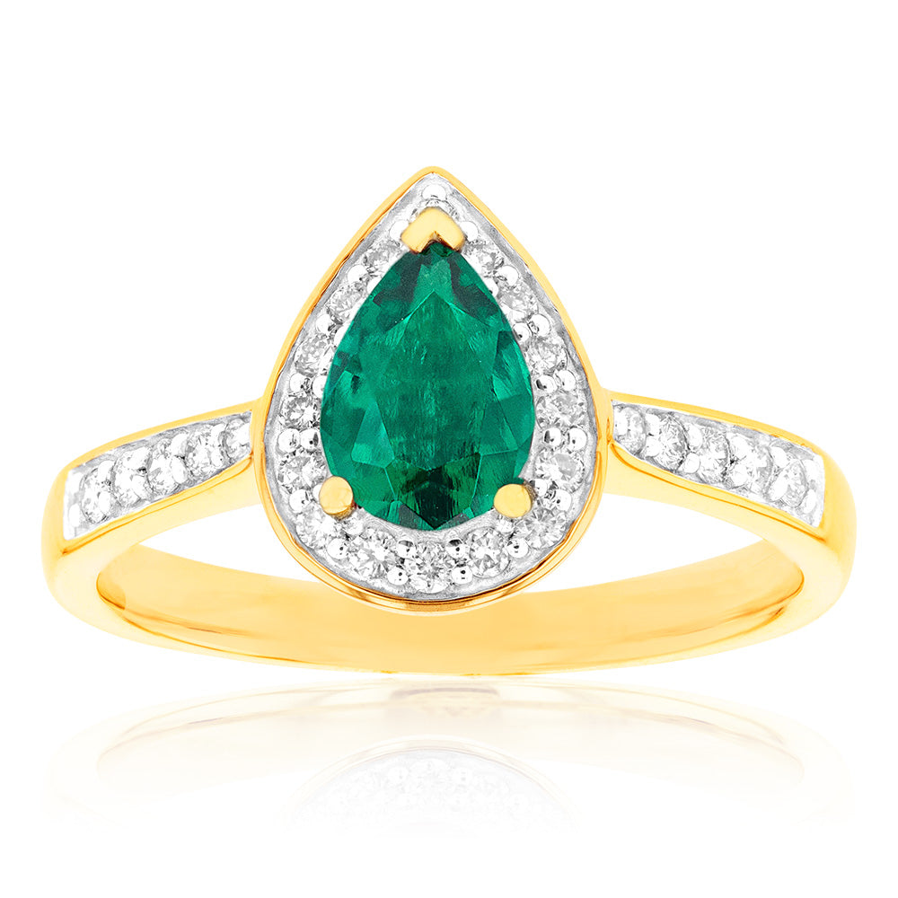 9ct Yellow Gold Pear Halo Ring with Lab-Created Emerald and 1/5 Carat Diamond
