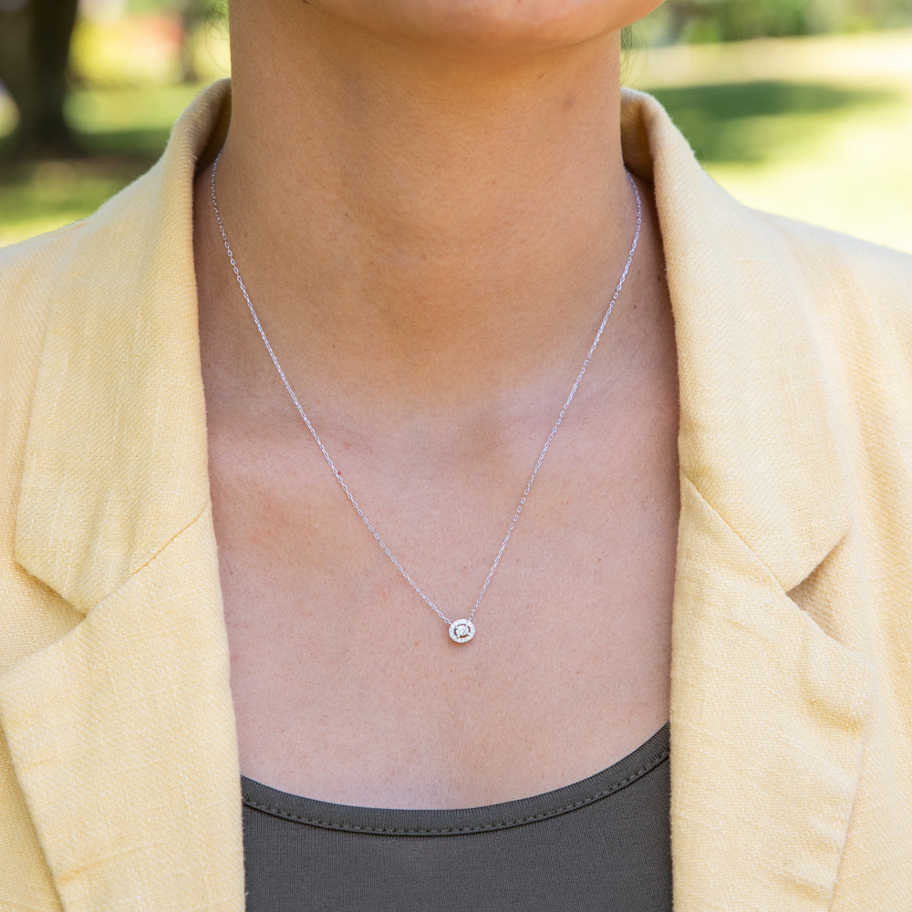 10ct White Gold Adjustable Chain Pendant with Oval Diamond Halo, 10 - 14 Points Total