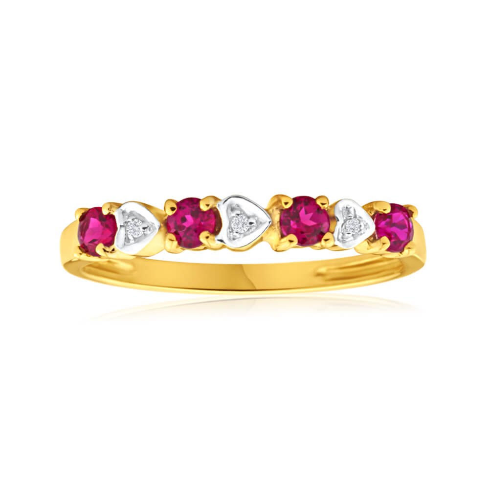 Exquisite 9ct Yellow Gold Ring Adorned with 4 Synthetic Rubies and 3 Diamonds
