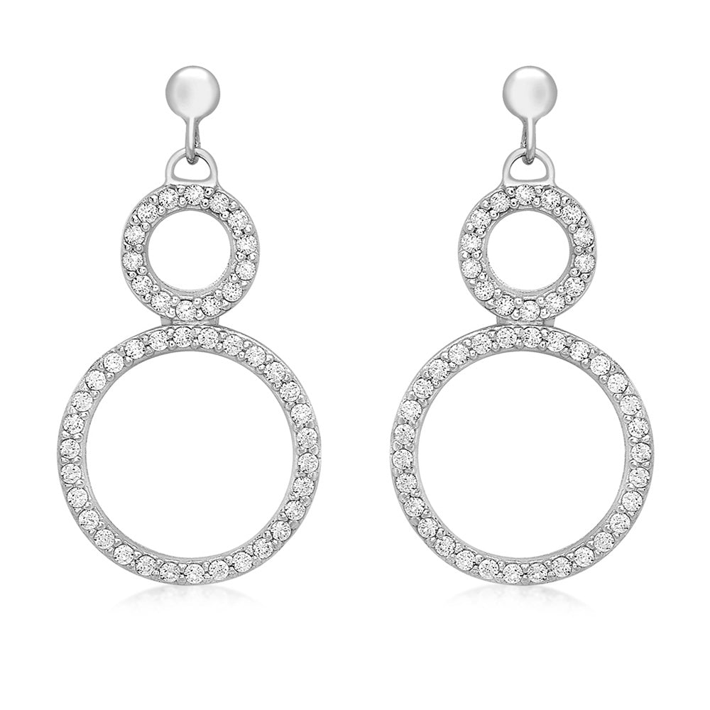 Stunning 9ct White Gold Zirconia Double Circular Drop Earrings