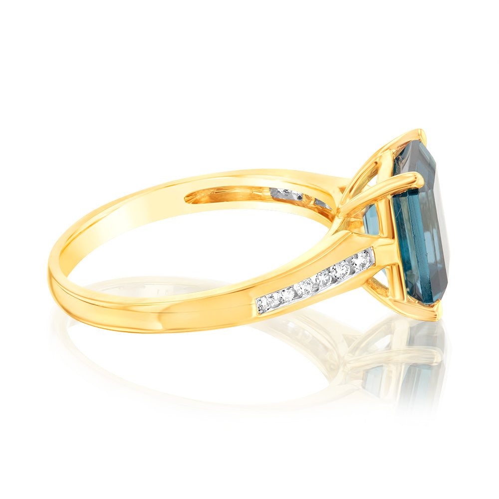 Stunning 9ct Yellow Gold Ring with Natural London Blue Topaz and Channel-Set Diamonds