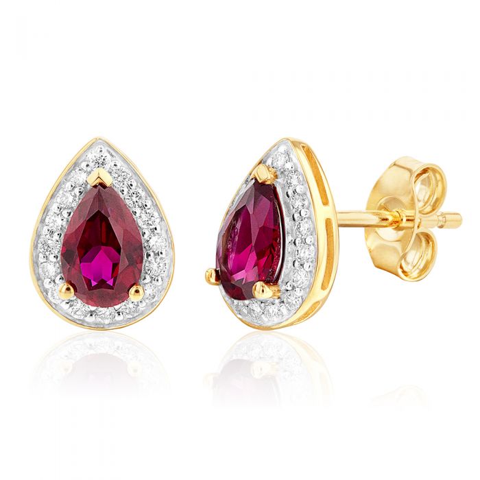 Gorgeous 9ct Yellow Gold Pear Halo Stud Earrings with Created Rubies and Diamonds