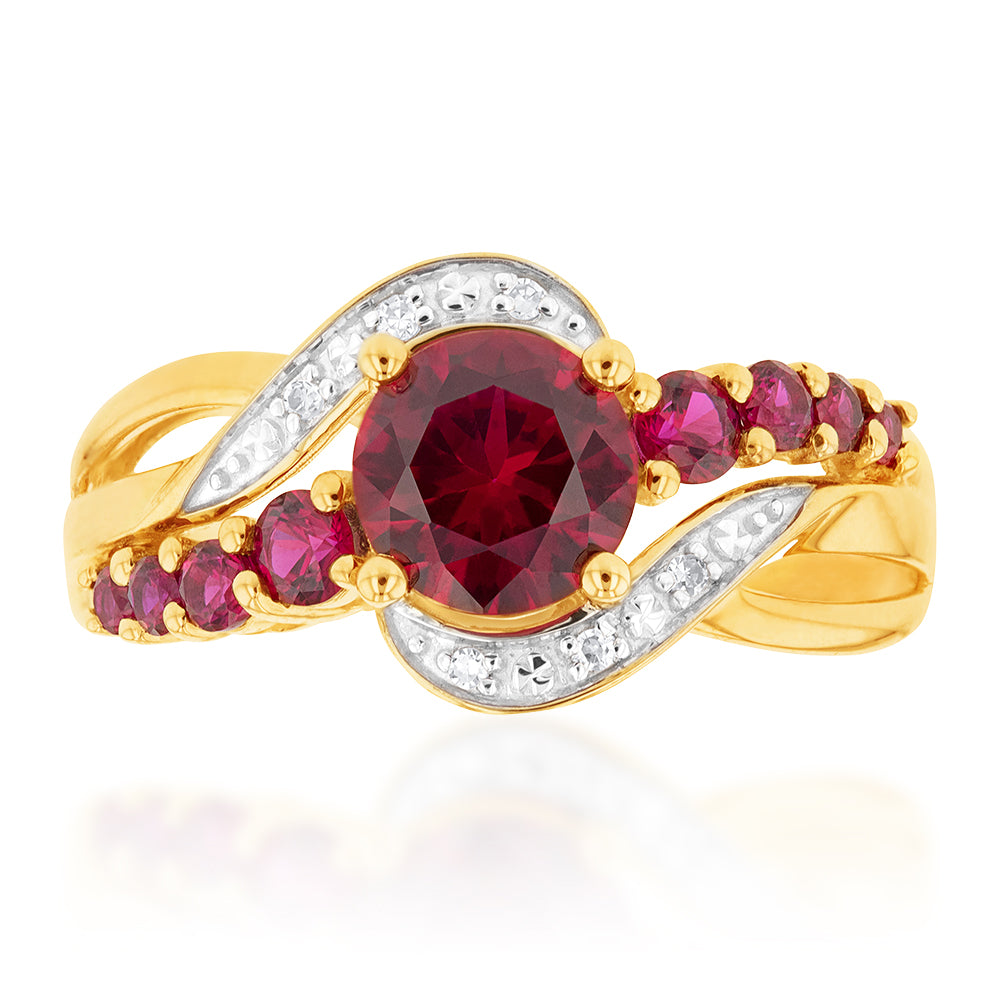 9-carat Yellow Gold Ring Featuring Lab-Created Rubies and 0.15 Carat Diamonds