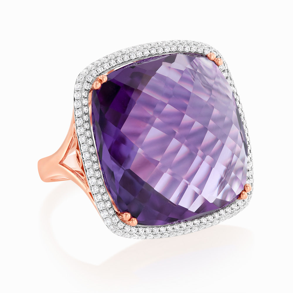 Stunning 9ct Rose Gold Ring Adorned with Amethyst and 0.54ct Cubic Zirconia