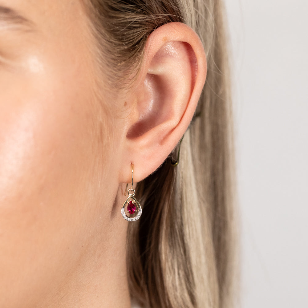9ct Yellow Gold Handcrafted Pear - Cut Created Ruby & Tiny Diamond Drop Earrings