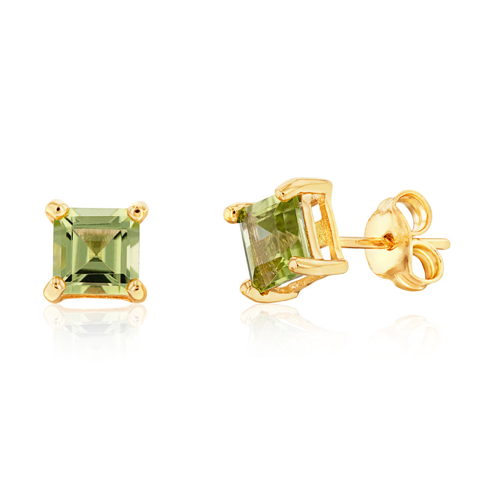 Exquisite 9ct Yellow Gold Square Studs with Mesmerizing Peridot Stones