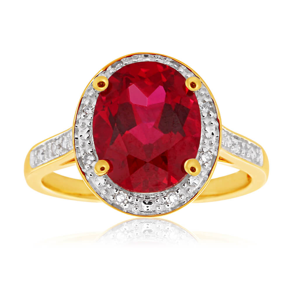 Exquisite 9 Carat Yellow Gold Ring Featuring Created Rubies and Diamonds