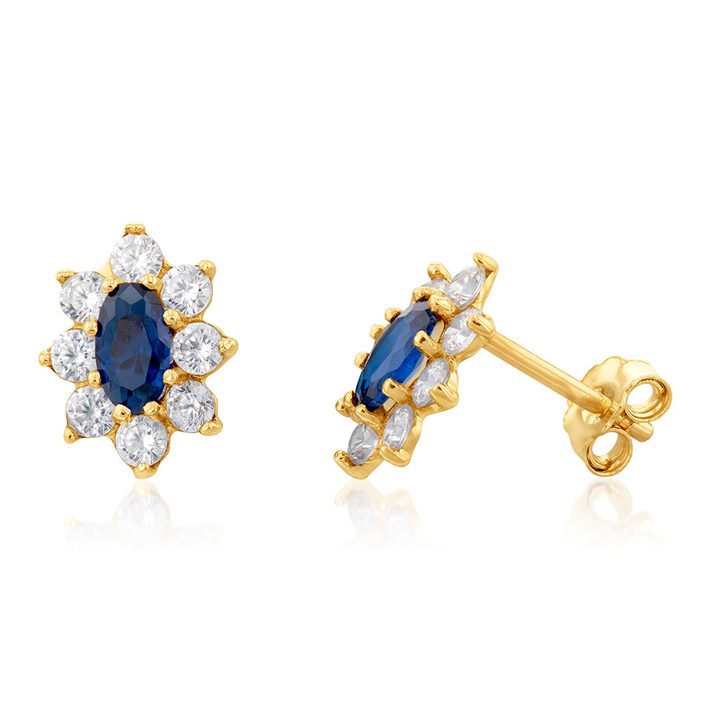 9ct Yellow Gold Oval Stud Earrings with Blue and White Cubic Zirconia