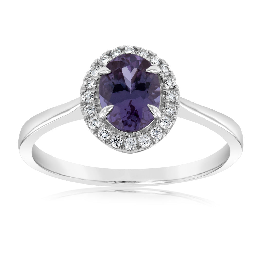 Exquisite 9ct White Gold Ring Featuring Created Oval Alexandrite and Diamonds