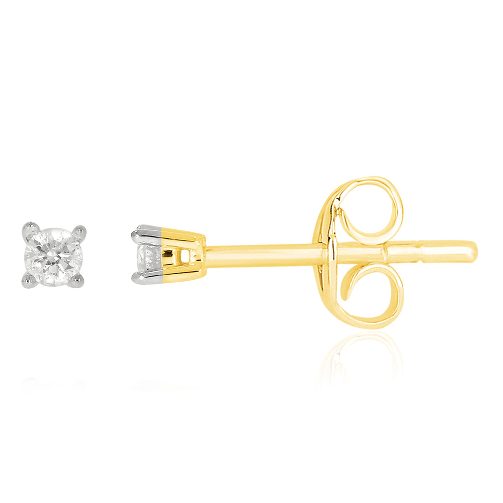 Charming 9ct Yellow Gold 0.05 Carat Diamond Stud Earrings with Two - Toned Claw Design