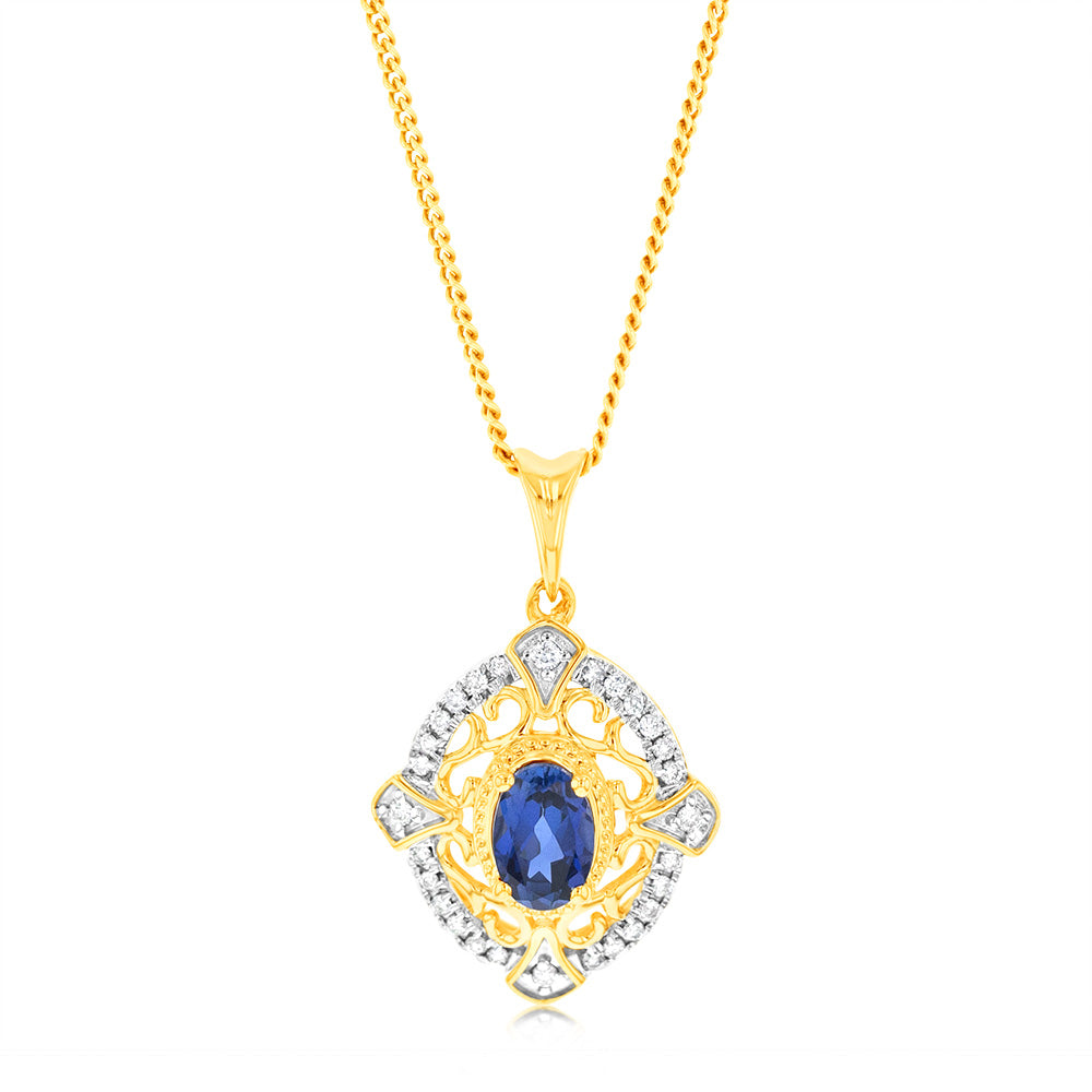 Stunning 9ct Yellow Gold Oval-Shaped Lab-Created Sapphire and Real Diamond Pendant for Jewelry Lovers