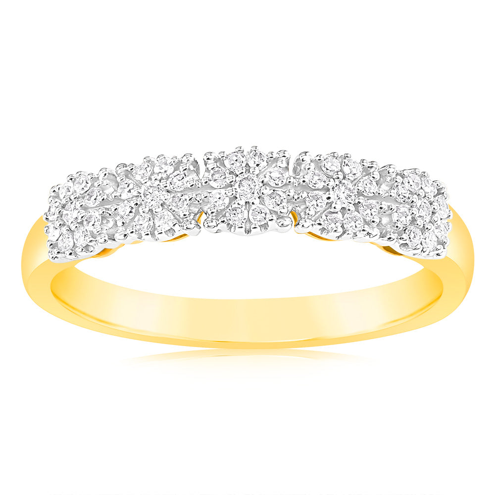 Stunning 9 Carat Yellow Gold Ladies' Diamond Ring Featuring 45 Brilliant Cut Diamonds Totaling 1/6 Carat