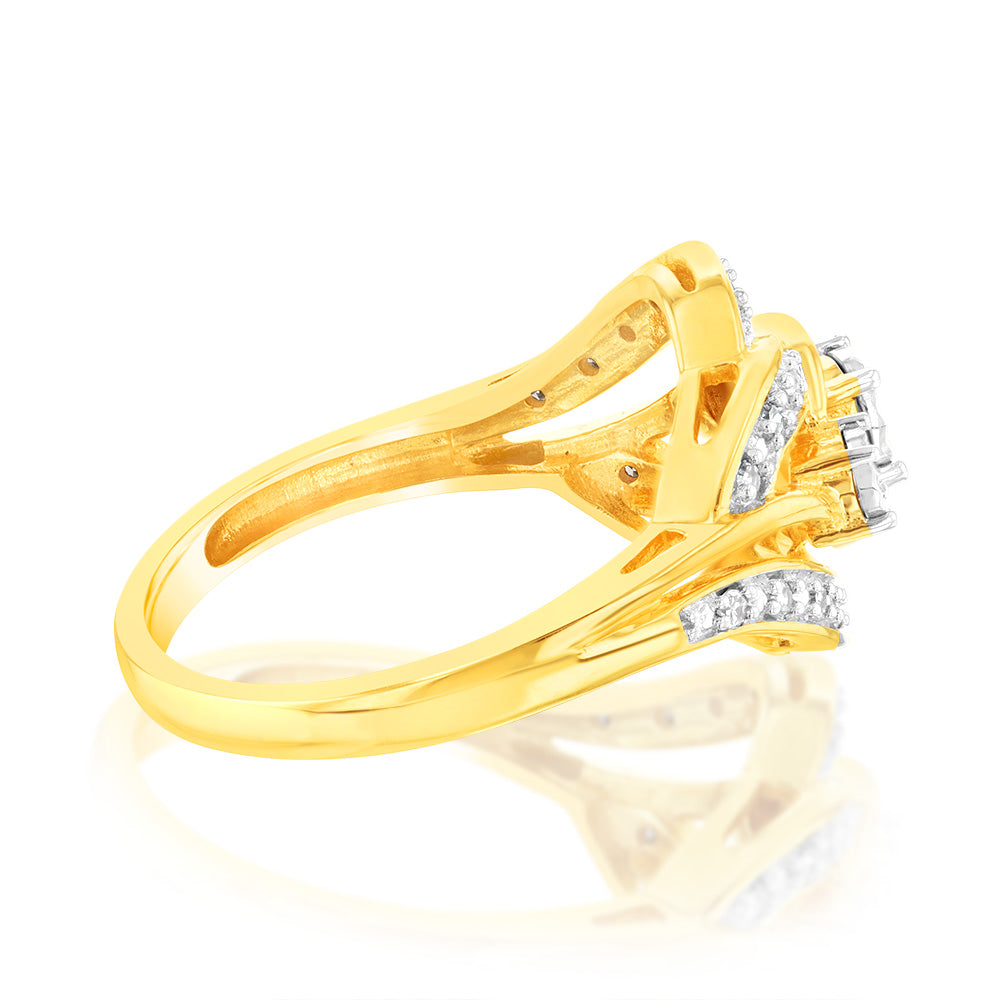 Exquisite 9ct Yellow Gold Fancy Ring Embellished with 1/6 Carat Natural Diamonds for Jewelry Lovers