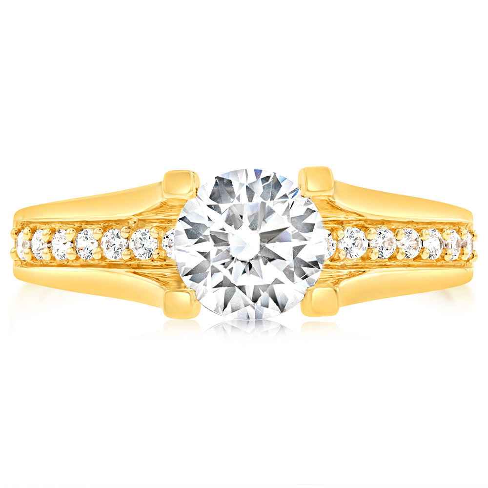 9 Carat Yellow Gold Round Cubic Zirconia Ring with 4 Claw and Channel Setting - A Stunning Jewelry Piece