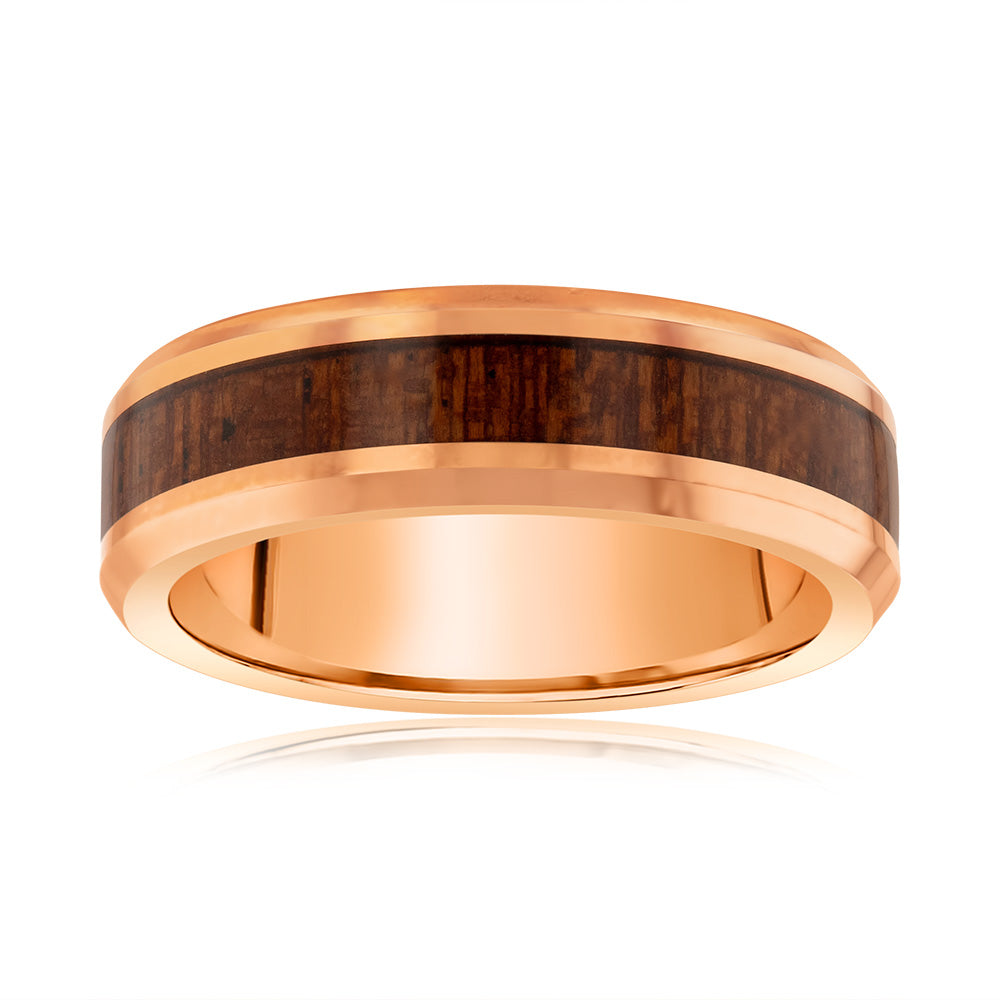 Exquisite 6mm Tungsten Ring with Brown Wood Pattern and Rose Gold Accent