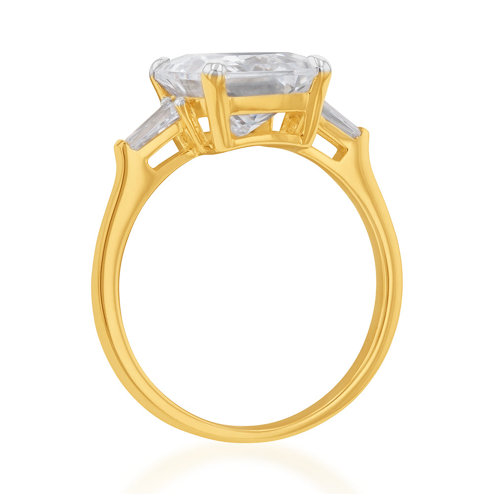 9ct Yellow Gold Fancy Ring Featuring Emerald Cut and Baguette-Style Zirconia Stones