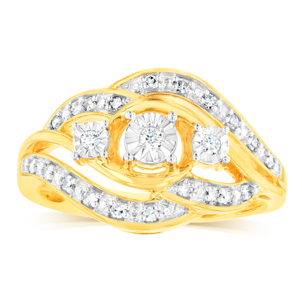 Exquisite 9ct Yellow Gold Fancy Ring Embellished with 1/6 Carat Natural Diamonds for Jewelry Lovers