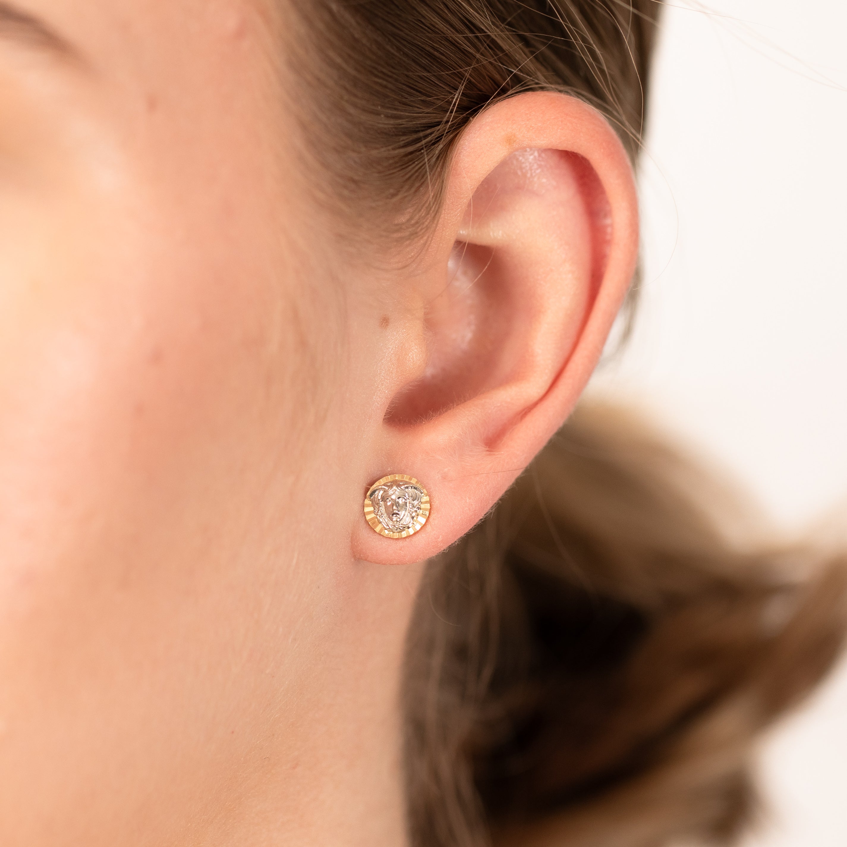Stylish 9ct Two - Toned Yellow and White Gold Medusa Stud Earrings