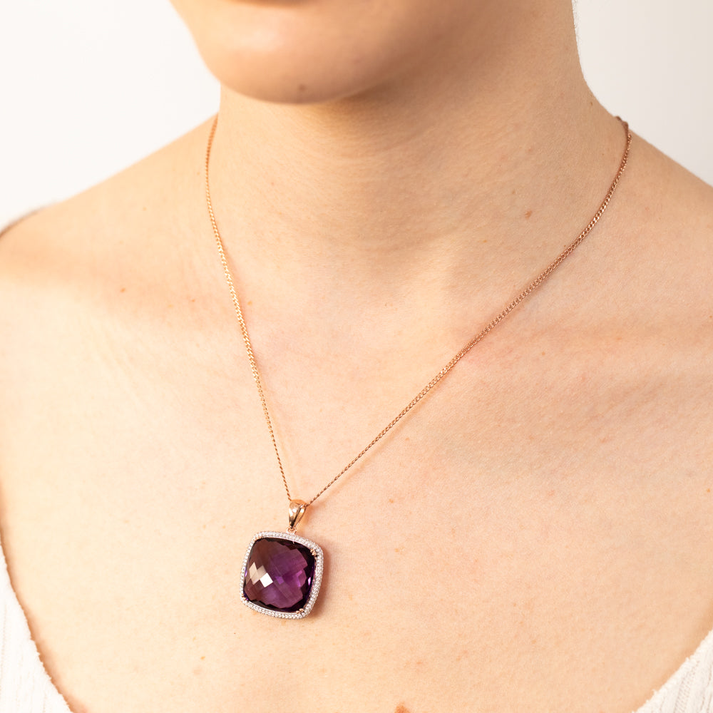 9ct Rose Gold Amethyst and 0.54 Carat Cubic Zirconia Jewelry Pendant