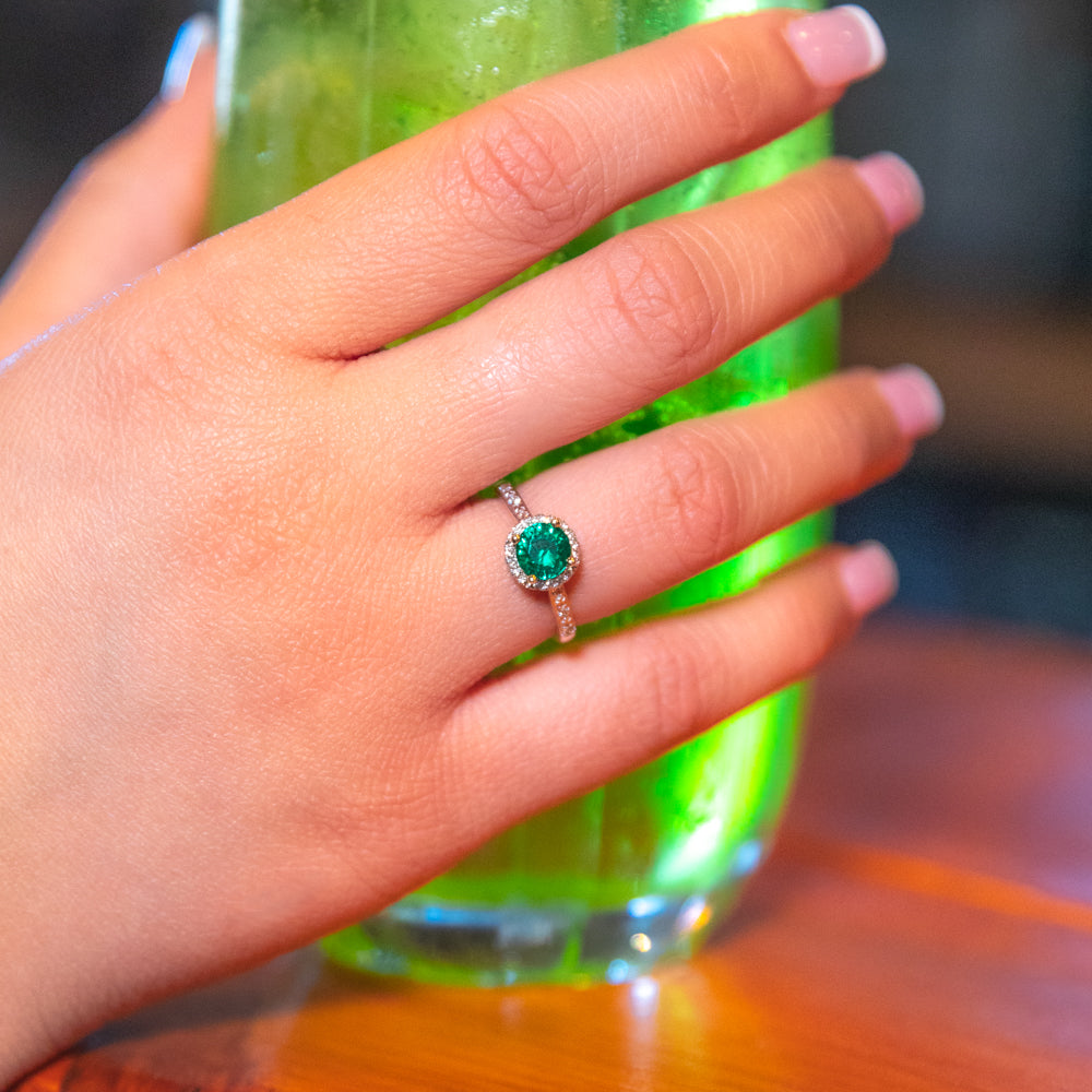 9ct Yellow Gold Ring with Created Emerald and Diamond Halo, a Stunning Jewelry Piece