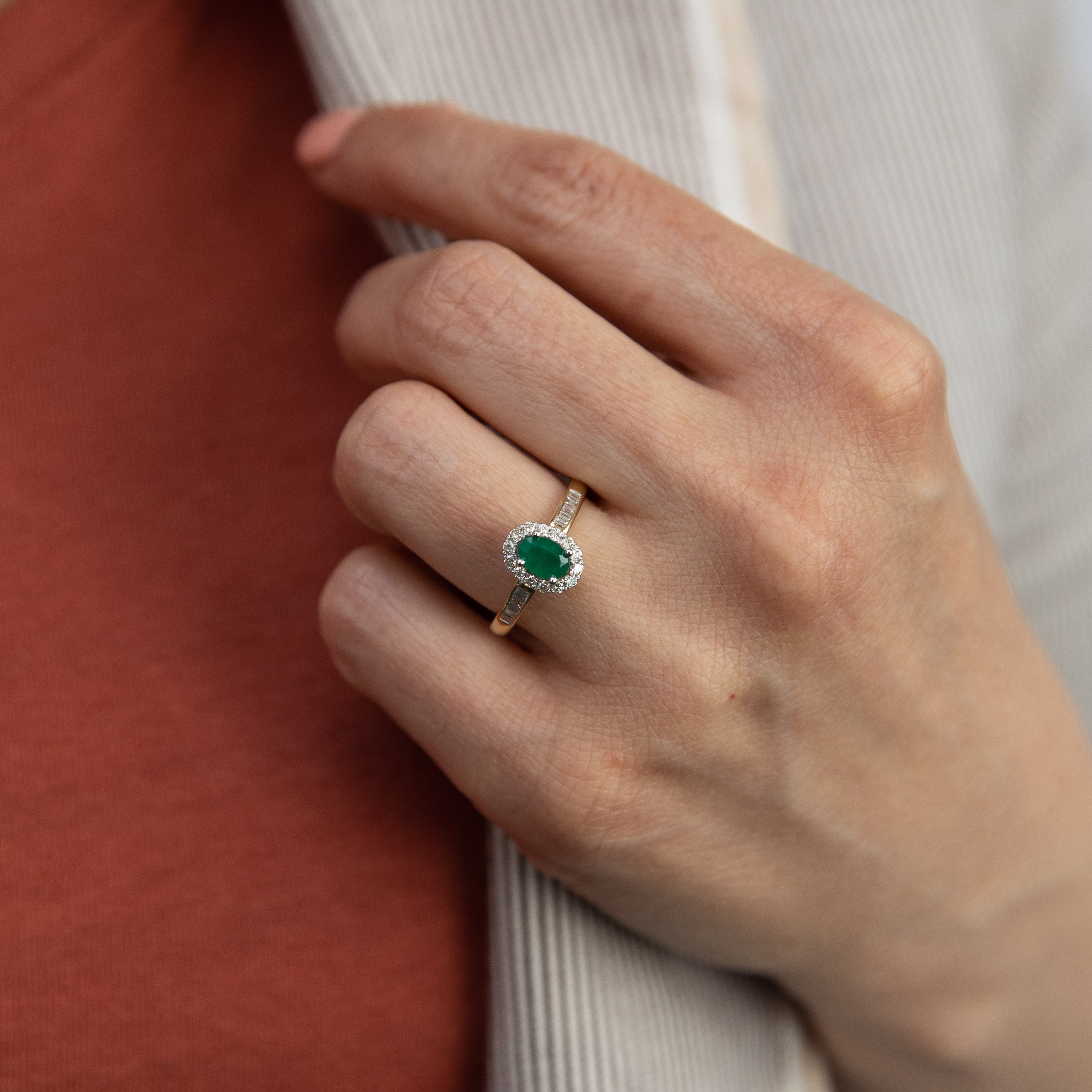 Stunning 9ct Yellow Gold Oval Halo Ring Featuring Natural Emeralds and Diamonds