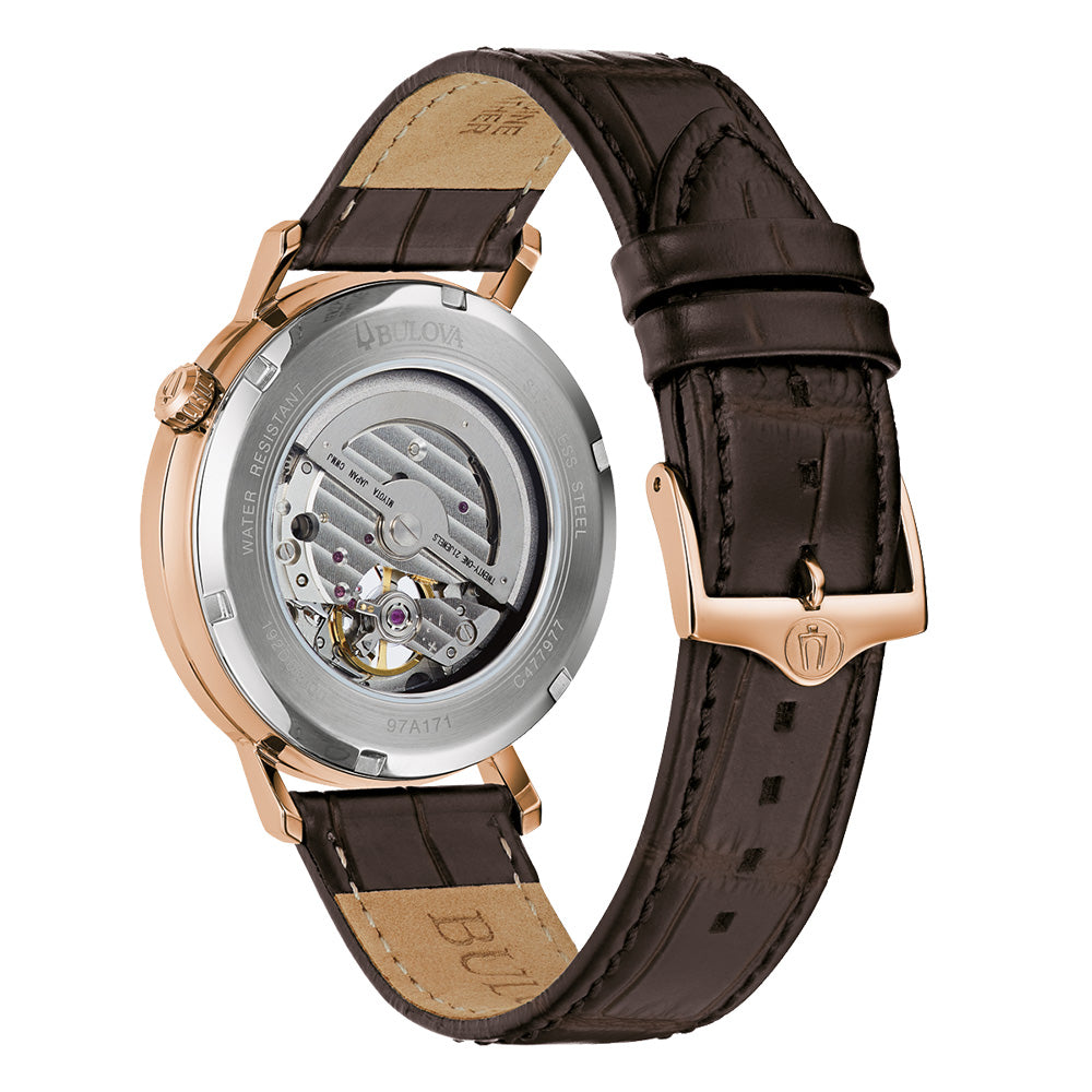 Bulova 97A171 Classic Aerojet Automatic Watch with Rose Gold Tone and Brown Leather Band