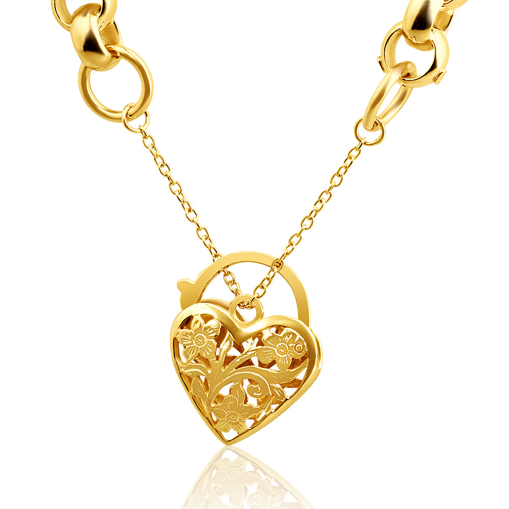 Exquisite 9ct Yellow Gold Copper Filled Belcher Bracelet with Floral Love Heart Charm