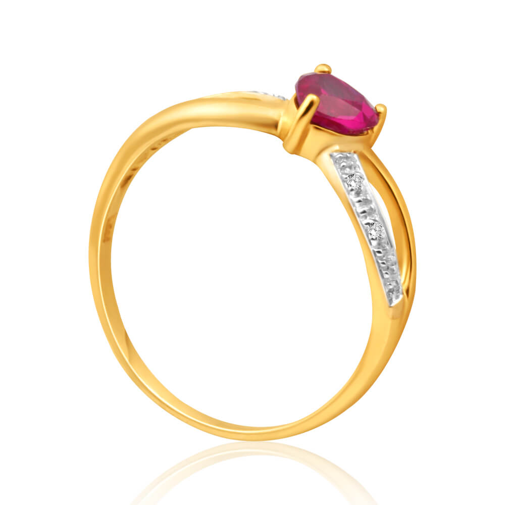 Exquisite 9ct Yellow Gold Alluring Heart-Shaped Ring with Created Ruby and Diamonds