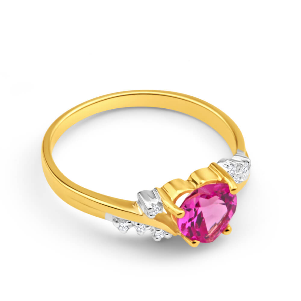 9ct Yellow Gold Ring with Hand - selected Created Pink Sapphire Heart and Brilliant Diamonds