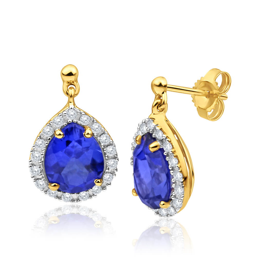 Stunning 9ct Yellow Gold Earrings with Lab - Created Sapphires and Cubic Zirconia Drops
