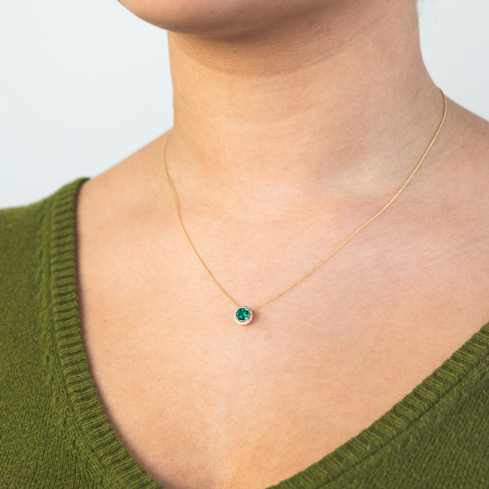 45cm Chain 9ct Yellow Gold Pendant with Created Emerald and Diamond Halo