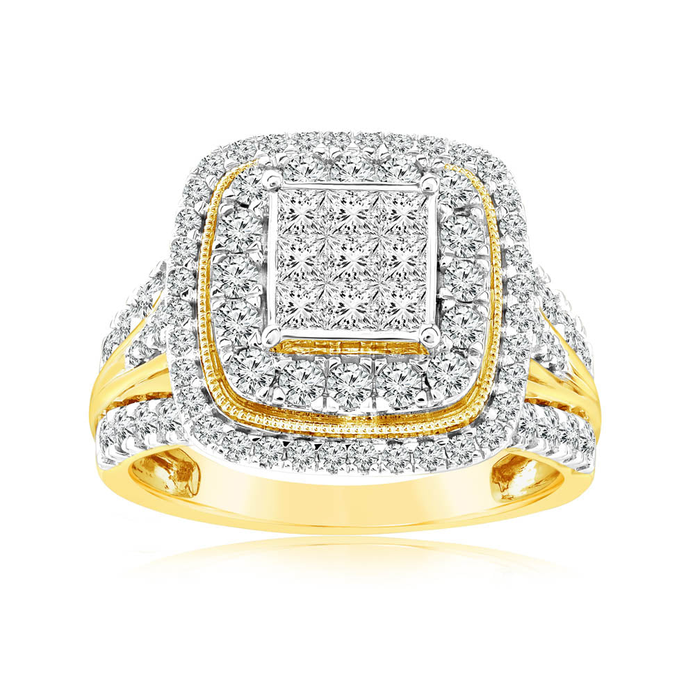 Stunning 1.40 Carat Diamond Cushion Cluster Engagement Ring Crafted in 14 Karat Yellow Gold