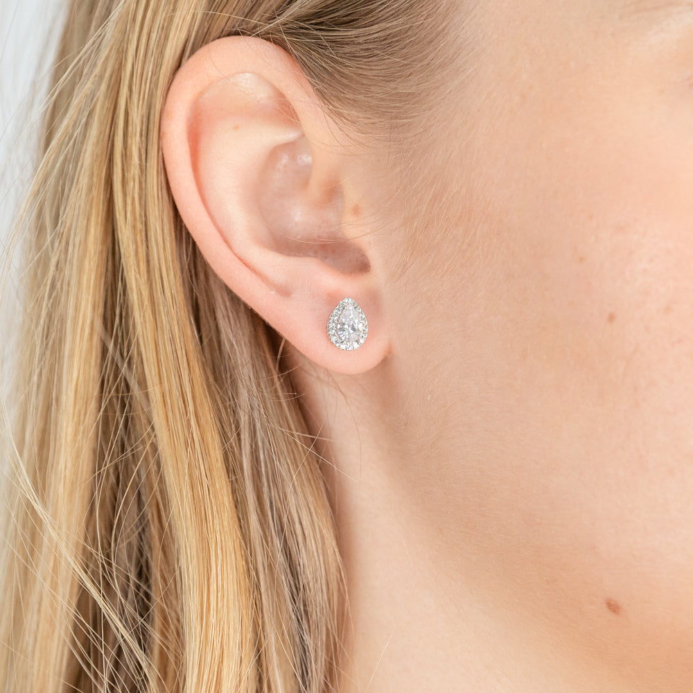 Gorgeous 9ct White Gold Pear - Shaped Cubic Zirconia Halo Stud Earrings