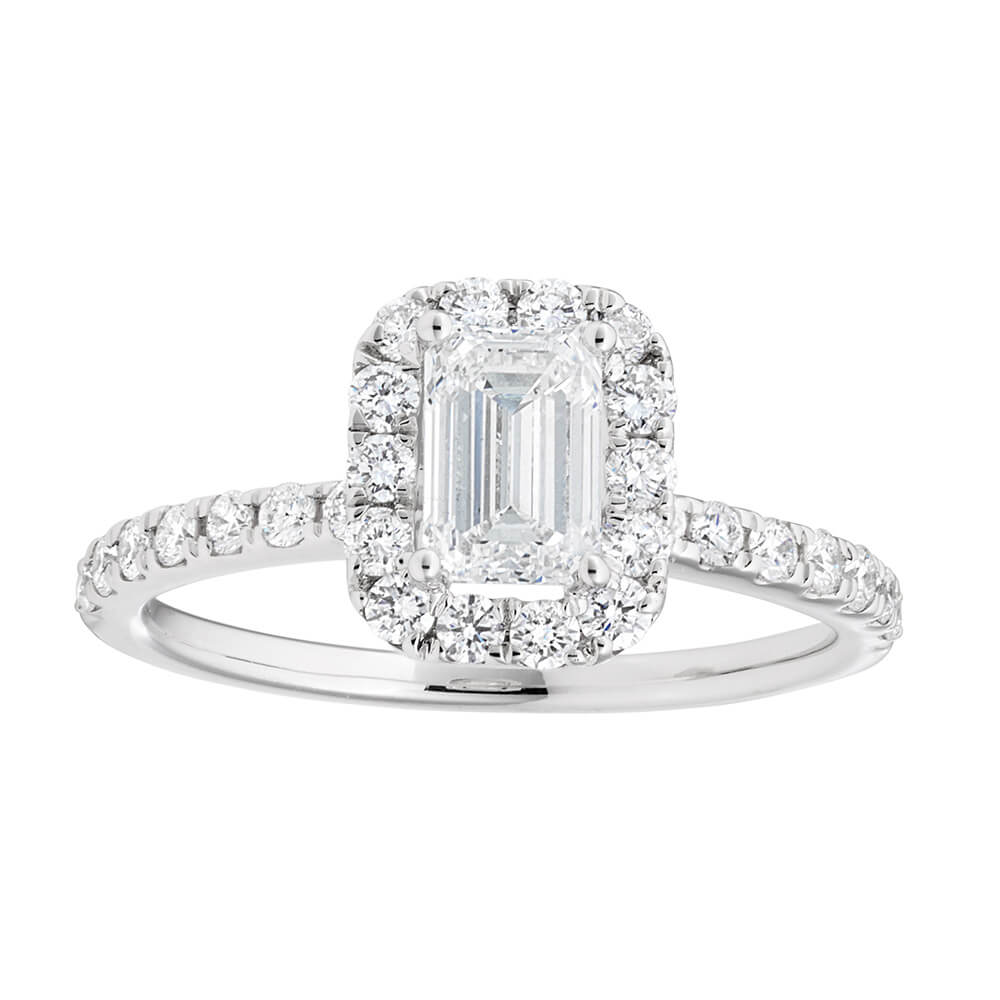 14ct White Gold Engagement Ring with 1.20 Carat Diamonds and 3/4 Carat Emerald - Cut Centre Stone