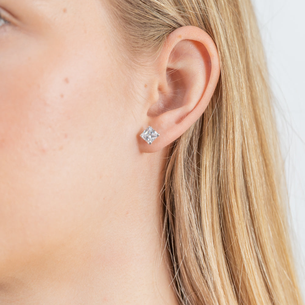 9ct White Gold Stud Earrings with 6mm Princess Cut Cubic Zirconias
