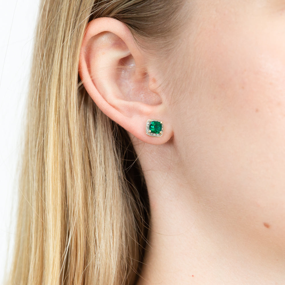 5mm 9ct Yellow Gold Studs with Created Emeralds and Diamonds in Cushion Cut