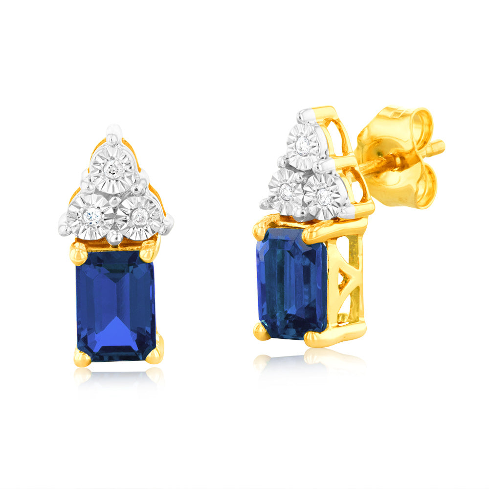 6mm 9ct Yellow Gold Stud Earrings with Created Sapphires and Diamonds