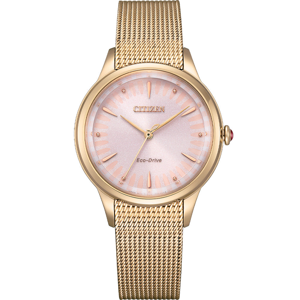 Citizen Eco-Drive EM0818-82X: 32mm Gold-Tone Watch with Rose Mesh Band