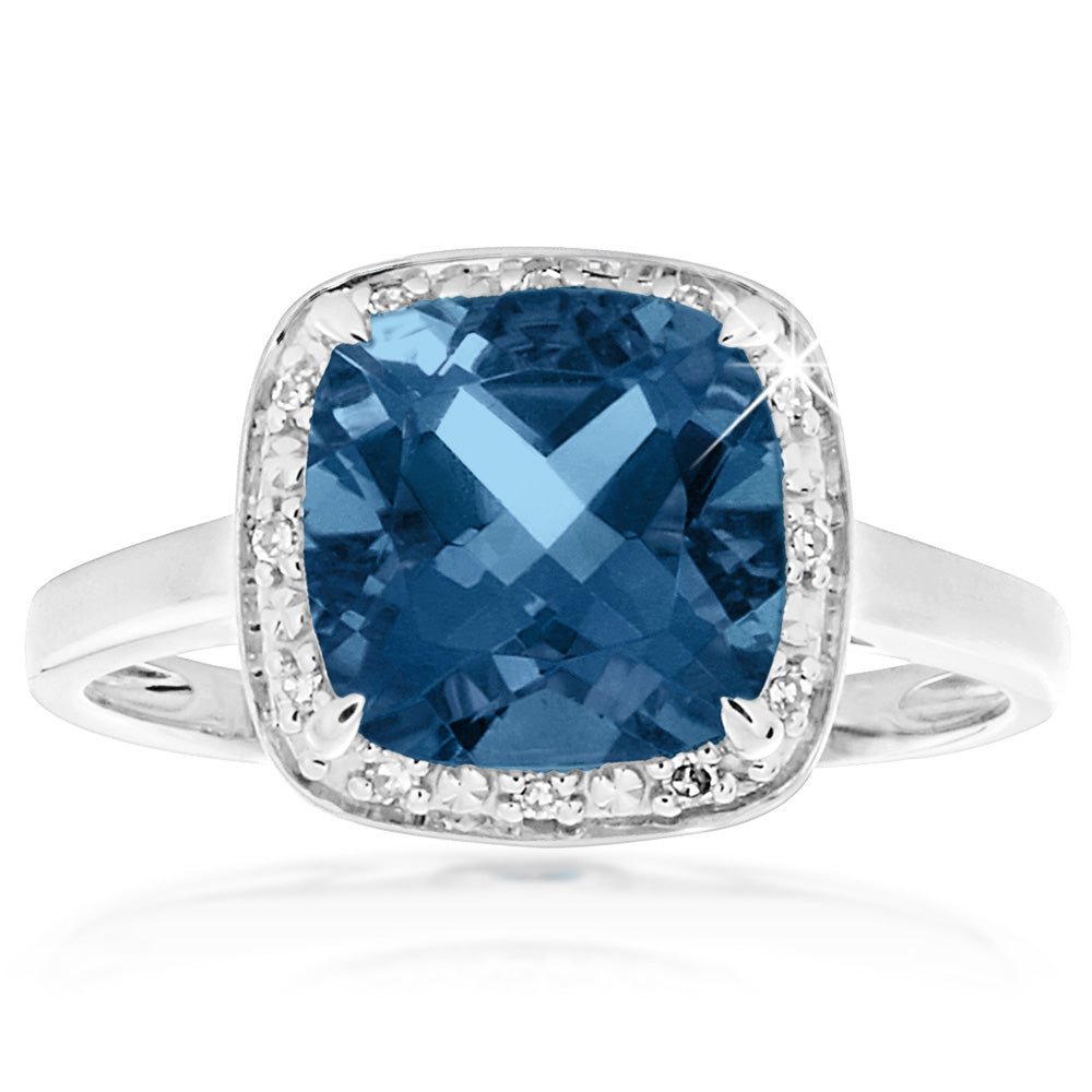 Exquisite 9ct White Gold Luxury Ring Featuring 2.70ct London Blue Topaz and Shimmering Diamonds
