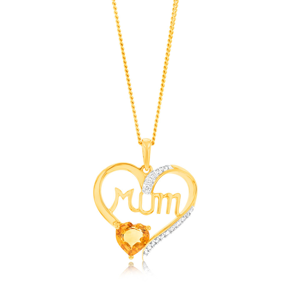 6mm 9ct Yellow Gold Natural Citrine and Diamond Heart Pendant for Mum