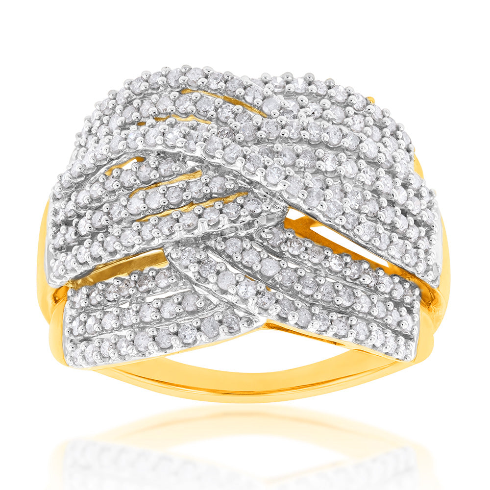 10ct Yellow Gold 1 Carat Diamond Cross Over Ring - A Stunning Jewelry Piece for Everyday Wear