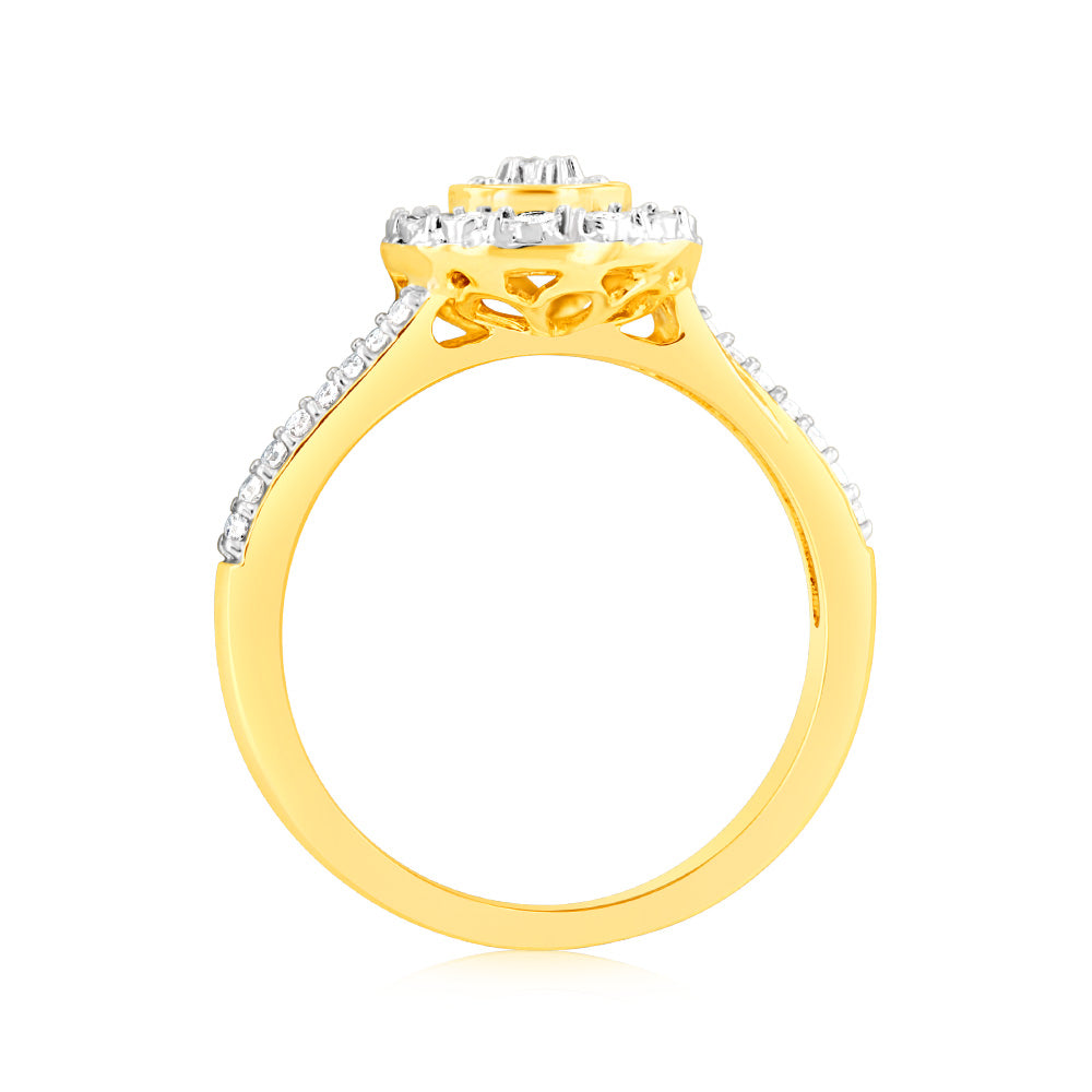 Exquisite 9 Carat Yellow Gold Pear - Shaped Diamond Ring with 1/6 Carat Diamonds for Fine Jewelry Lovers