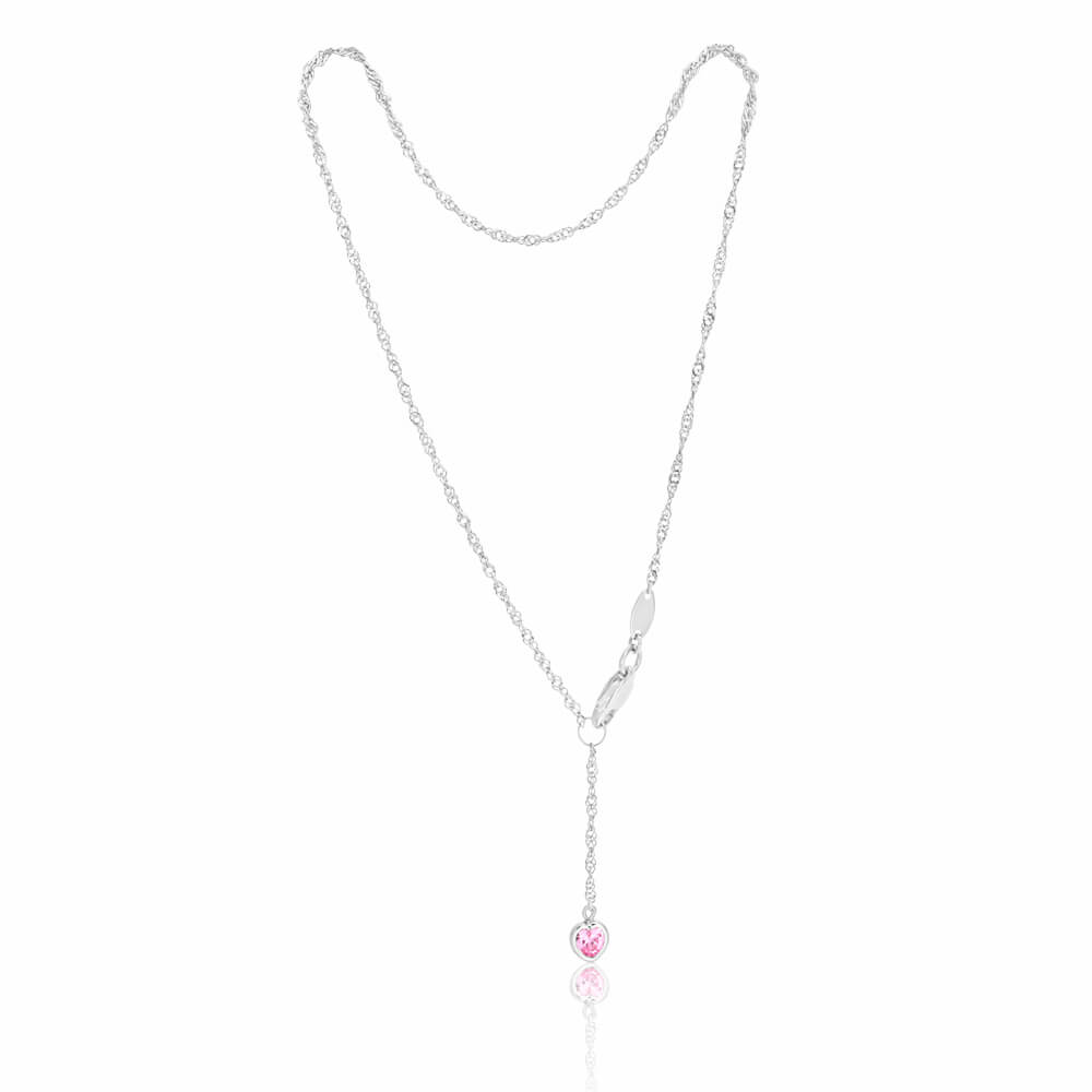 27cm 9 Carat White Gold Singapore Style Anklet with Pink Cubic Zirconia Heart Pendant